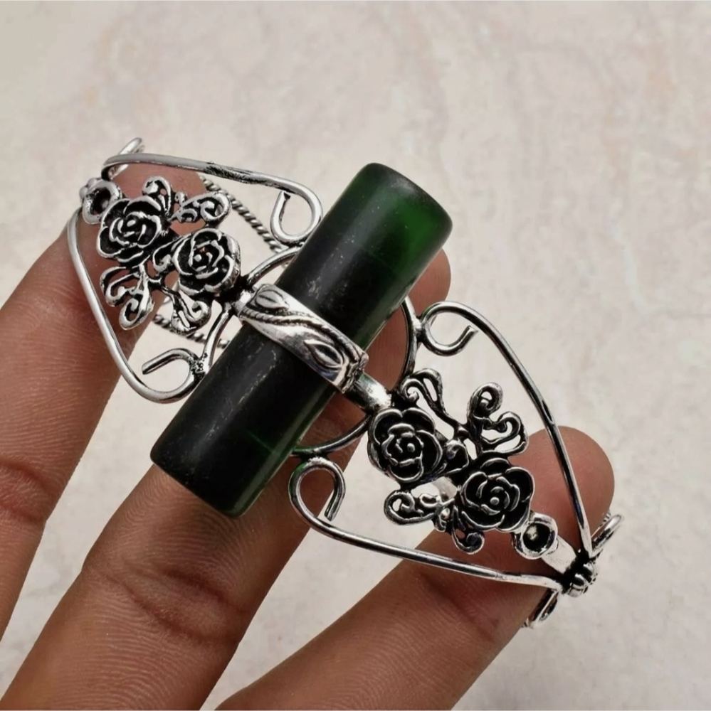New Cylinder Nephrite Jade Adjustable Silver Cuff Bracelet.